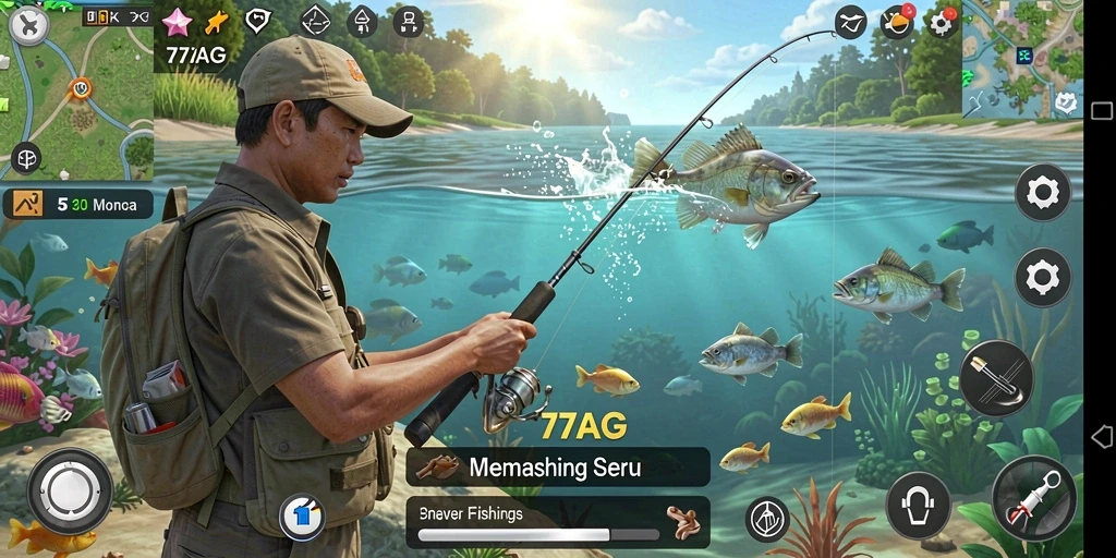 Screenshot gameplay 77AG menampilkan momen seru saat menangkap ikan.