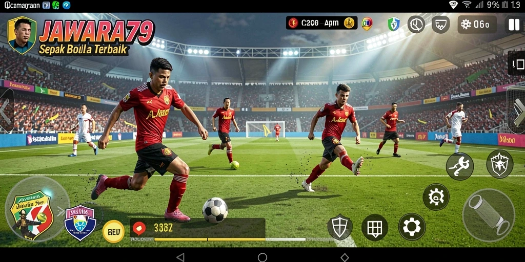 Tampilan gameplay JAWARA79 dalam aksi, menampilkan pertandingan sepak bola epik.