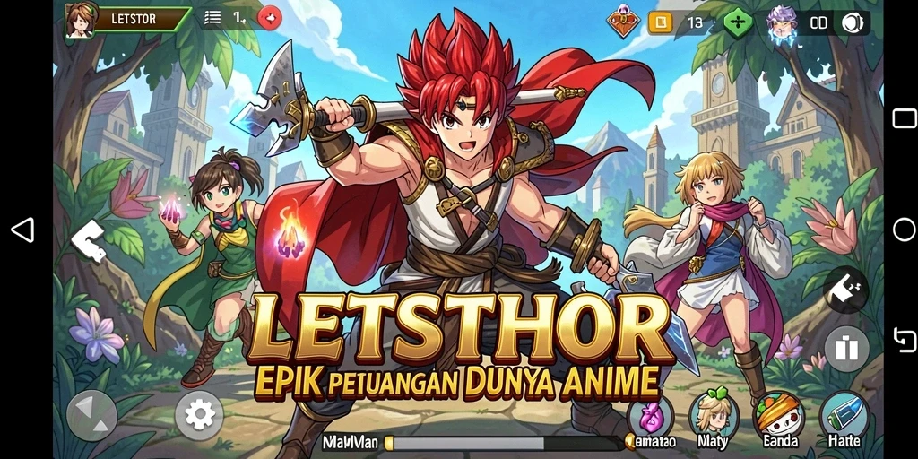 Screenshot LETSTHOR menunjukkan gameplay petualangan anime yang mendebarkan.