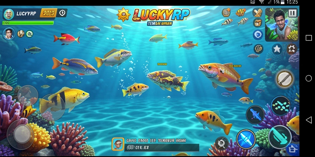 Screenshot gameplay LUCKYRP menampilkan aksi seru memancing ikan.