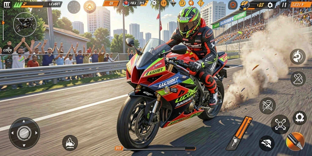 Tampilan gameplay mendebarkan dari LUCUBET saat balapan motor.