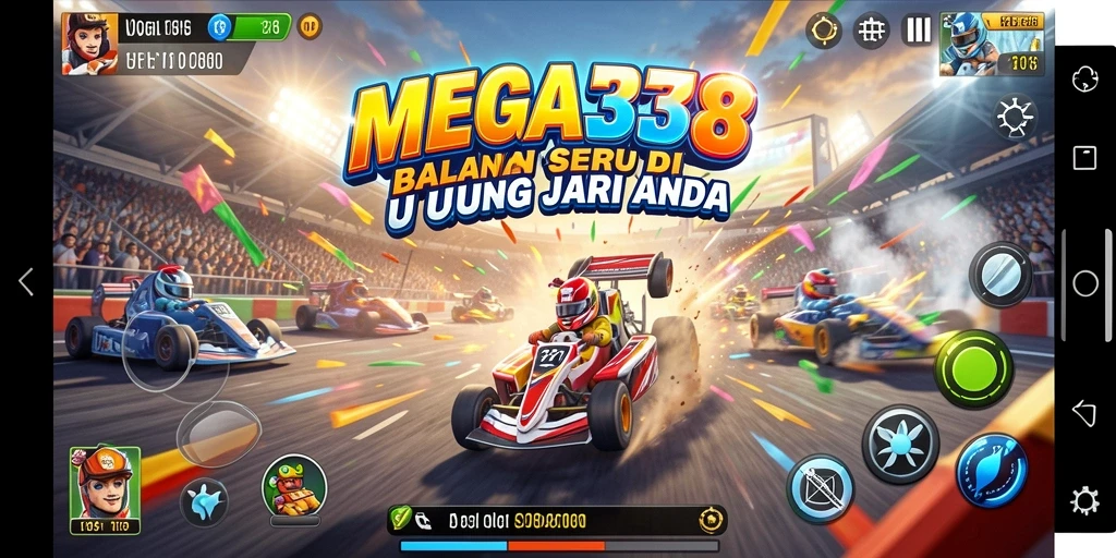 Screenshot utama MEGA338 menampilkan aksi balapan yang intens dan grafis yang menakjubkan.