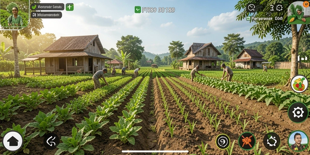 Screenshot utama PT89 menampilkan berbagai aktivitas pertanian yang menarik.