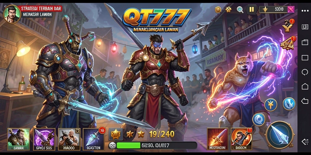 Tangkapan layar dari gameplay QT777 yang menunjukkan aksi strategis.