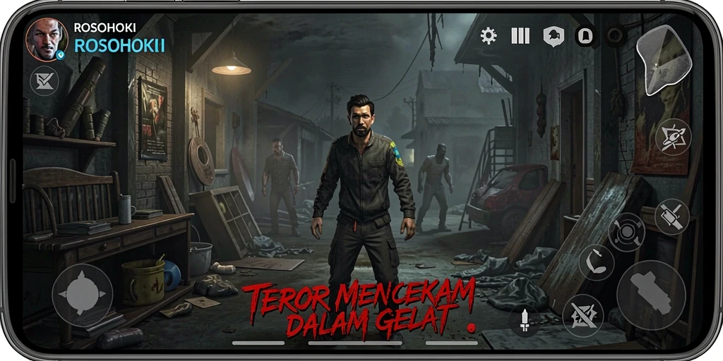 Screenshot utama ROSOHOKI yang menampilkan suasana mencekam dan gameplay Horror.