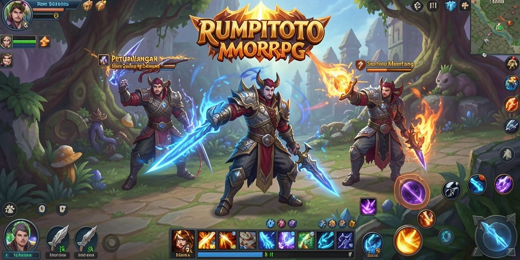 Screenshot gameplay RUMPITOTO menampilkan pertempuran seru di dunia fantasi.