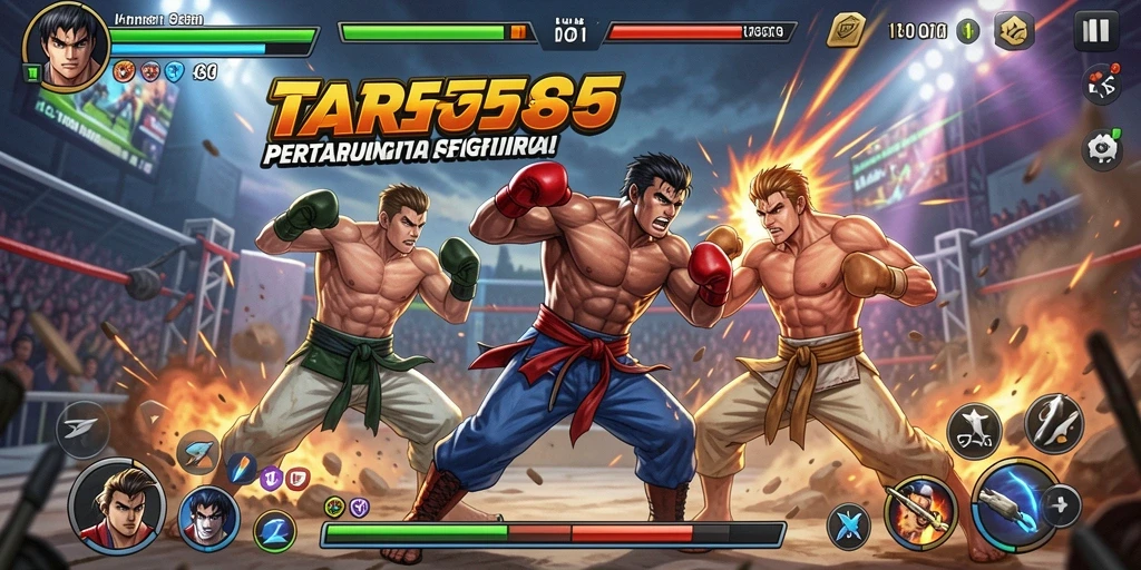 Screenshot TAR555 menampilkan pertarungan dinamis antar karakter.